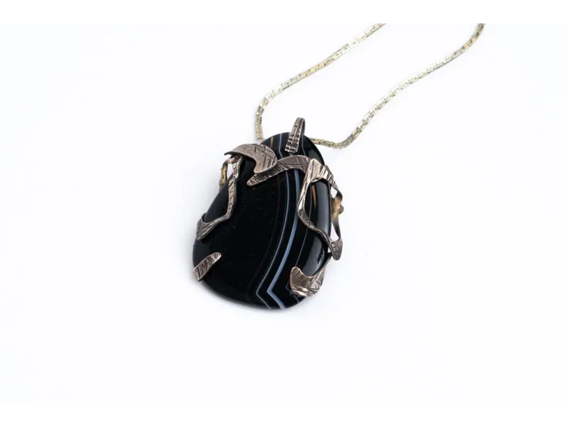 New silver necklace - black agate with white thread