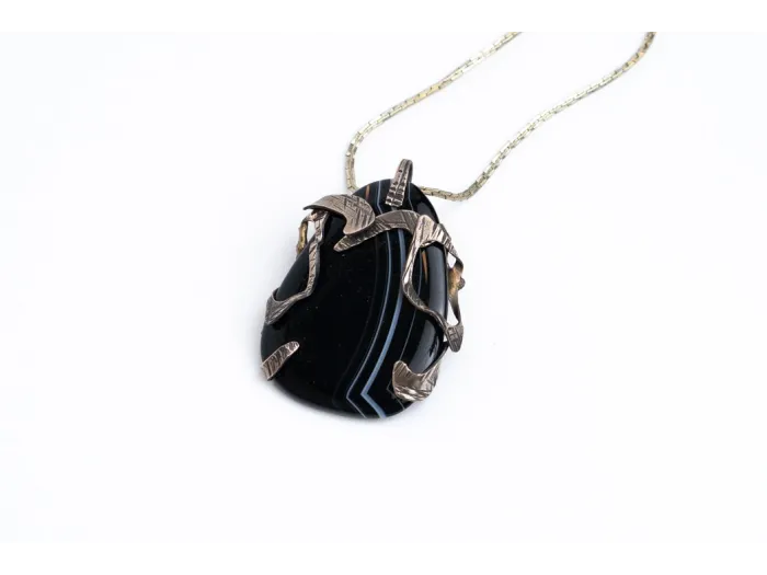 New silver necklace - black agate with white thread