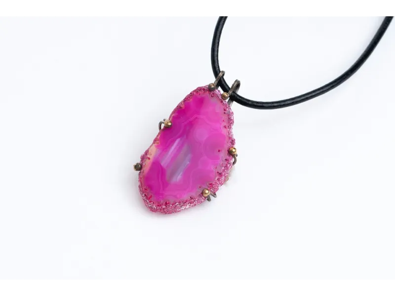 New silver necklace - bright pink agate