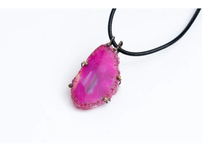 New silver necklace - bright pink agate