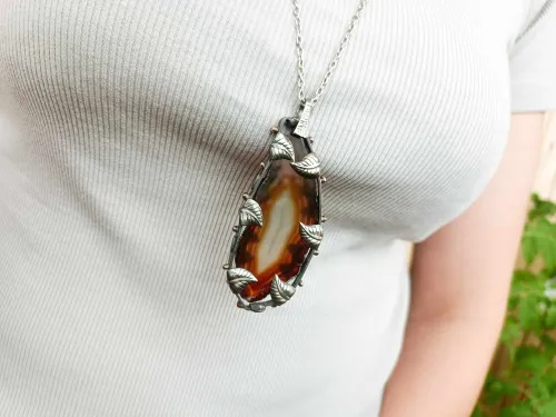 Bronze necklace - wrapped brown agate