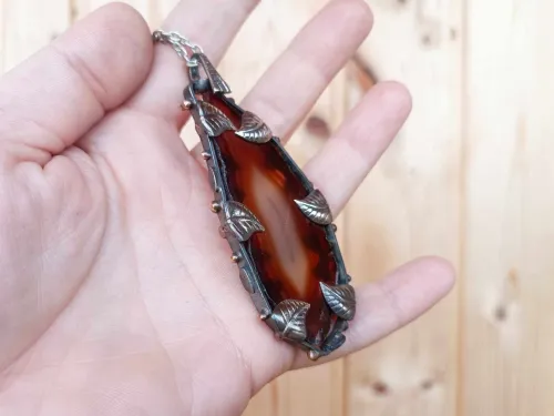 Bronze necklace - wrapped brown agate