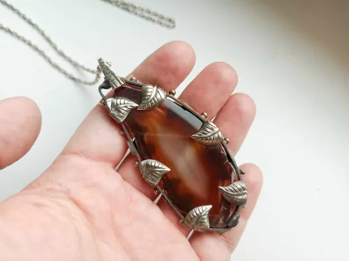 Bronze necklace - wrapped brown agate